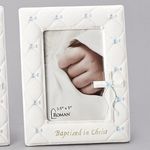 Baptized in Christ photo frame, blue ribbons, 7" tall