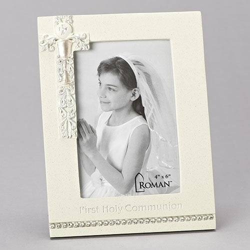 First Communion Silver Scroll Design photo frame, 8" tall