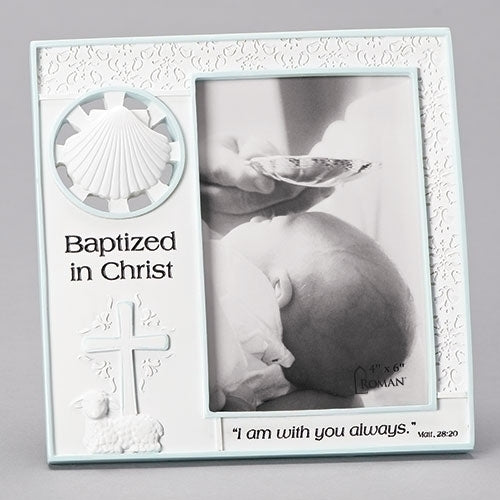 Baptized in Christ photo frame, blue, 7" tall