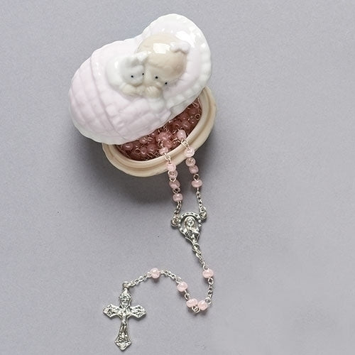 Baby Girl Pink Rosary and Porcelain Box set