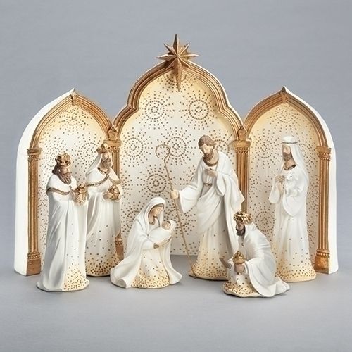 Gold Dots Nativity with Triptych background, 9 pcs., 11.5" tall